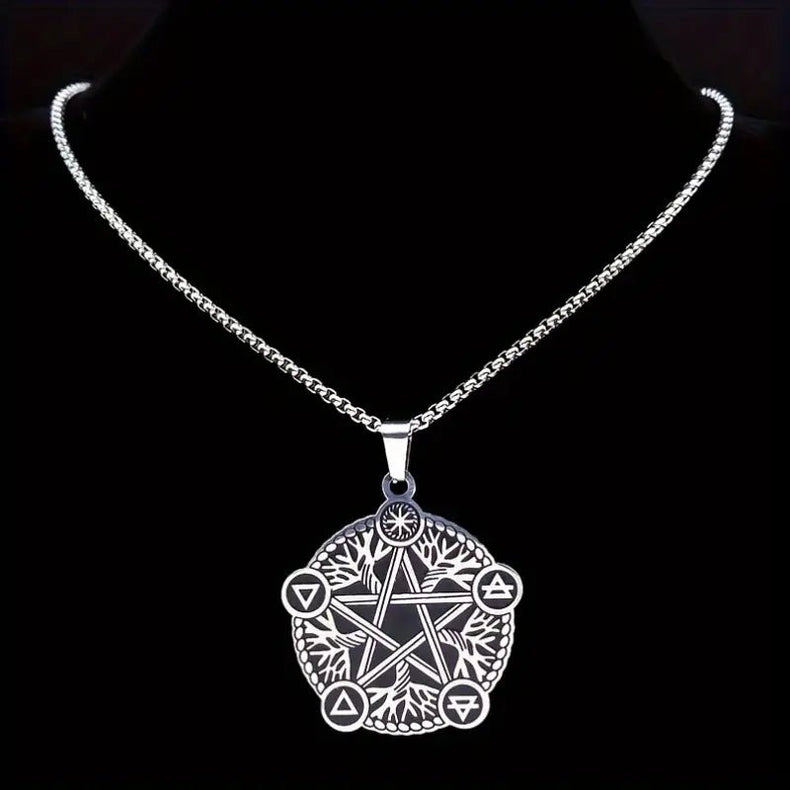 Silver pentagram pendant necklace on a black background