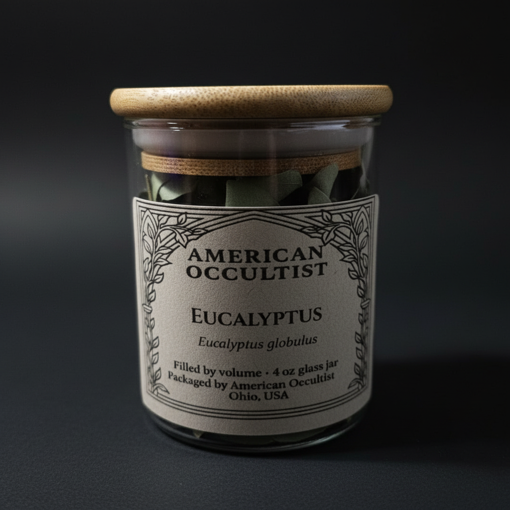 Dried eucalyptus leaf (Eucalyptus globulus) in a labeled glass ritual herb jar with bamboo lid