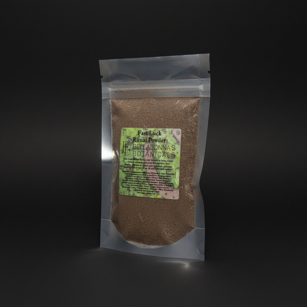 Packaged 'Fast Luck Ritual Powder' from Belladonna's Botanicals on a mystical background with stones and candles.