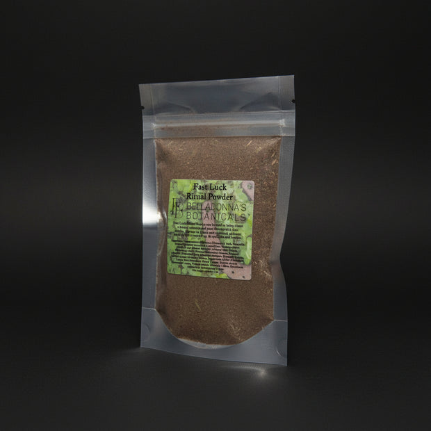 Packaged 'Fast Luck Ritual Powder' from Belladonna's Botanicals on a mystical background with stones and candles.