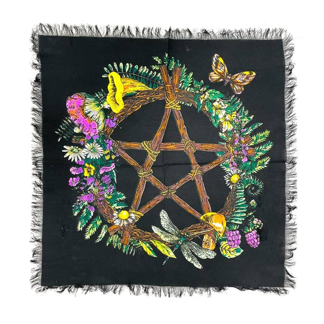 Black square scarf with a pentagram design surrounded by flowers and butterflies on a white background.
