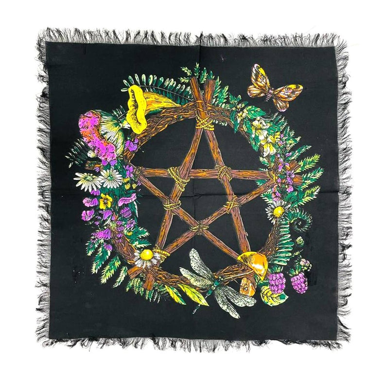 Black square scarf with a pentagram design surrounded by flowers and butterflies on a white background.