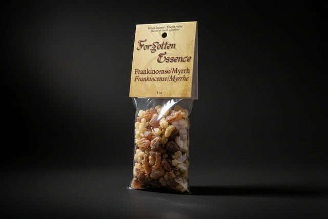 Package of resin incense labeled 'Forgotten Essence' with frankincense and myrrh.