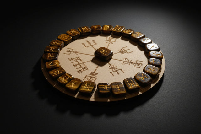 Wooden circular object with engraved symbols on a white background
