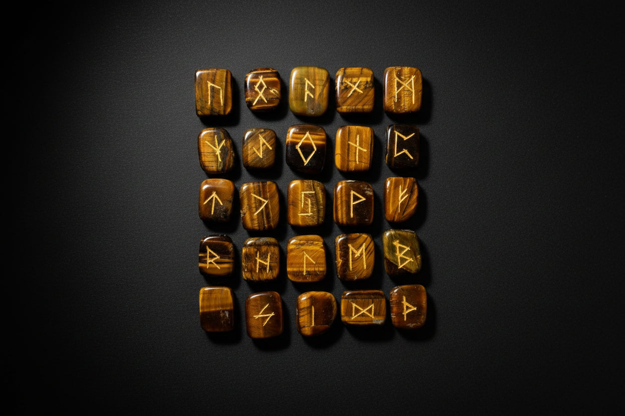 Set of wooden runes with engraved symbols on a white background