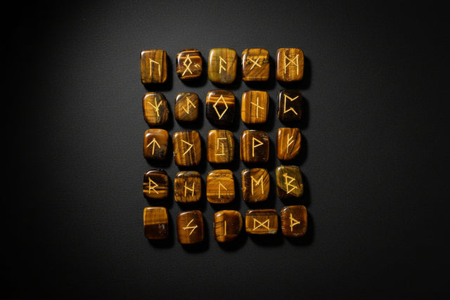 Set of wooden runes with engraved symbols on a white background