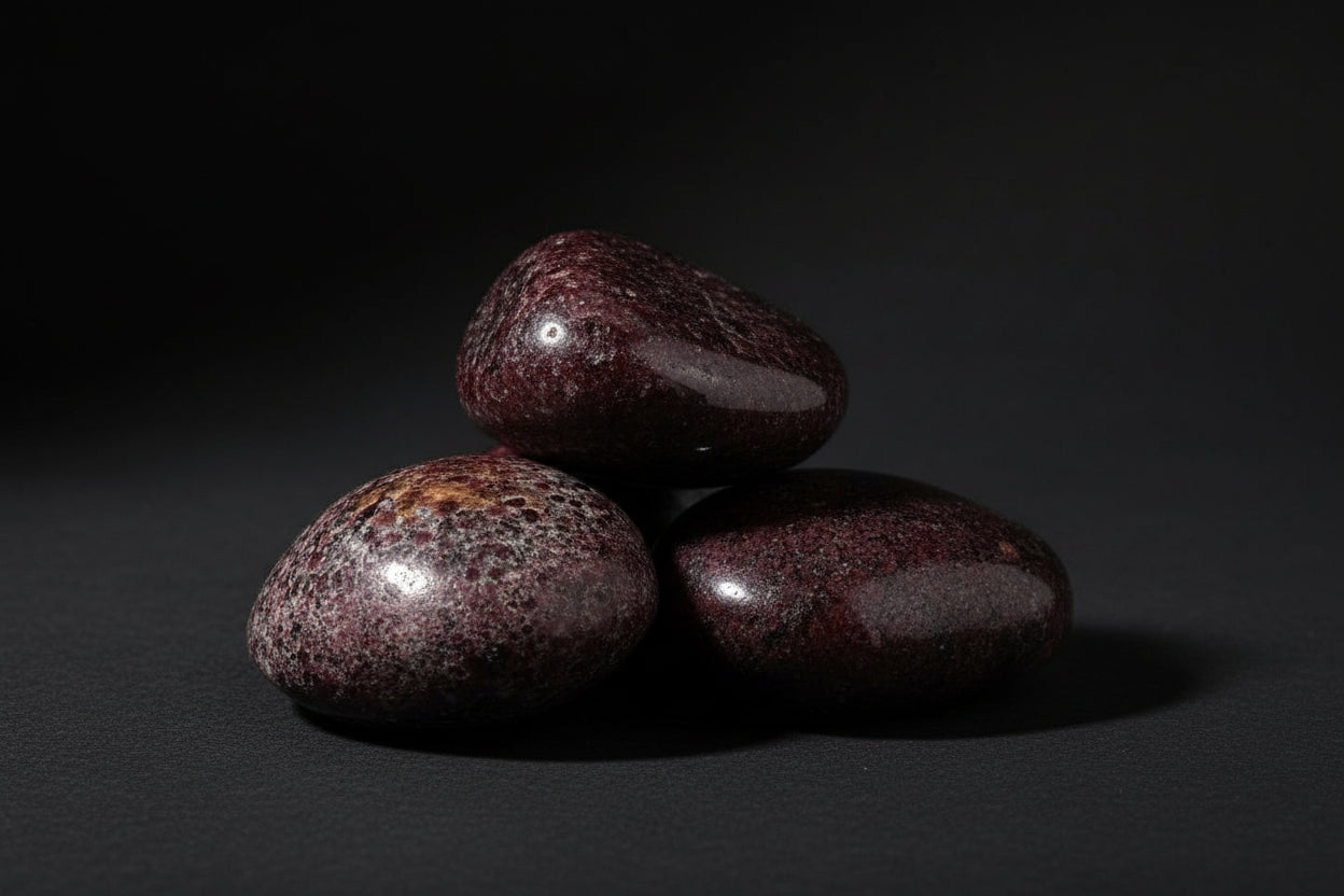 Three dark brown stones on a white background