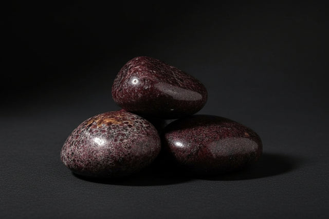 Three dark brown stones on a white background