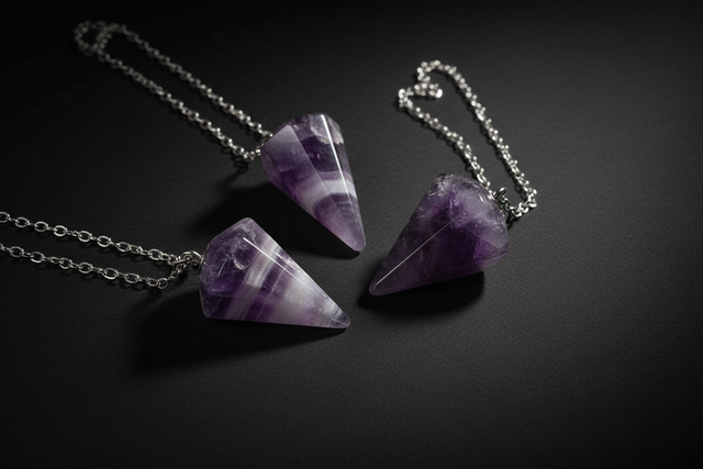 Hand holding a purple crystal necklace with another necklace on a wooden surface