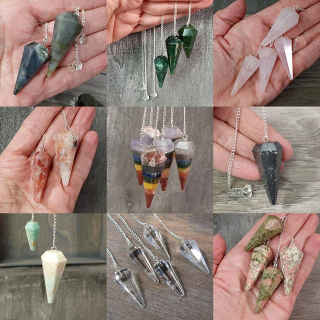Collage of various crystal pendulums held in hands against a neutral background.