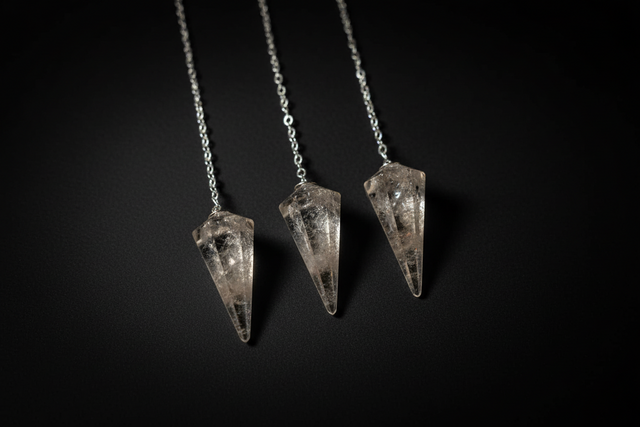 Three crystal pendants on silver chains held in a hand.