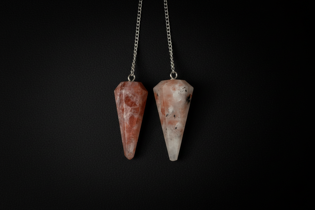 Two crystal pendants on silver chains held in a hand against a neutral background