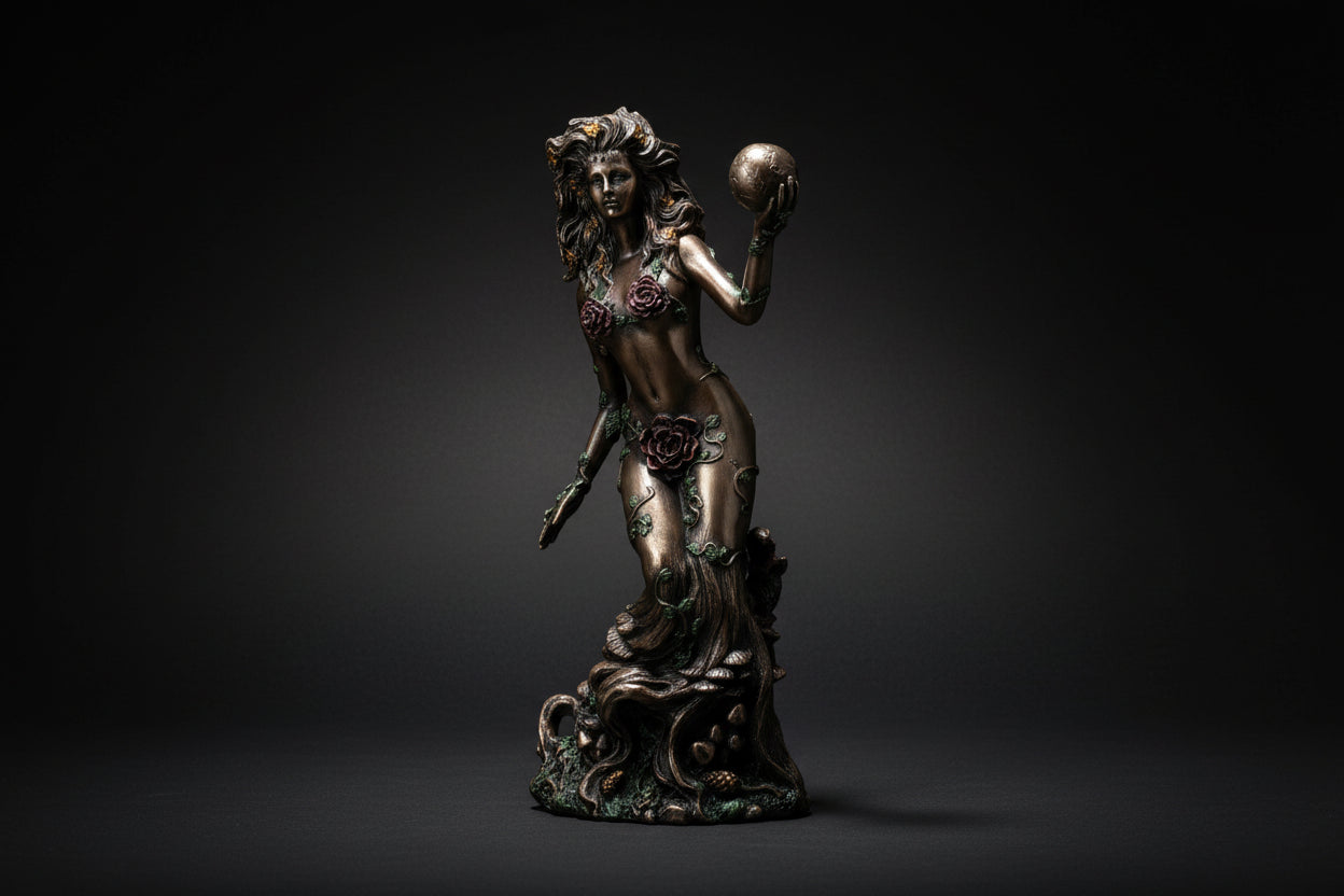 Bronzed resin Gaia Earth Mother statue shown from the front