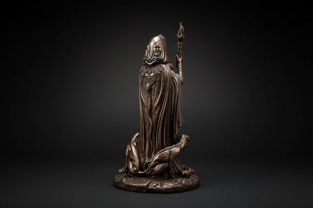Bronze statue of a figure in robes with a staff on a white background