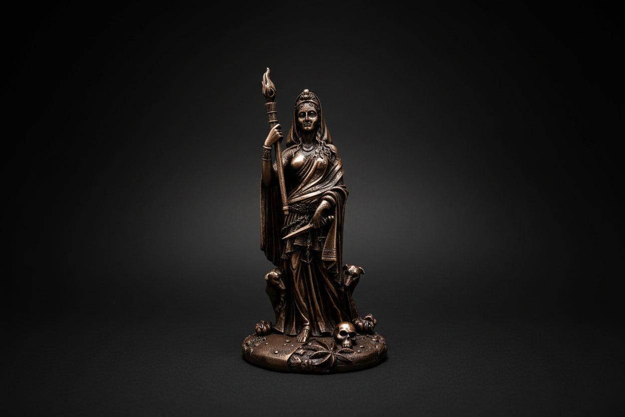 Bronze statue of a figure holding a staff on a white background