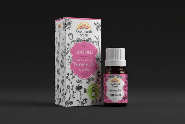 Good Earth Scents Patchouli essential oil bottle and packaging on a white background