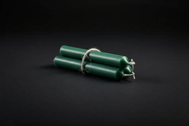 Green chime candles tied with gold string, lit at one end, on a dark background with a copper bowl and herbs.