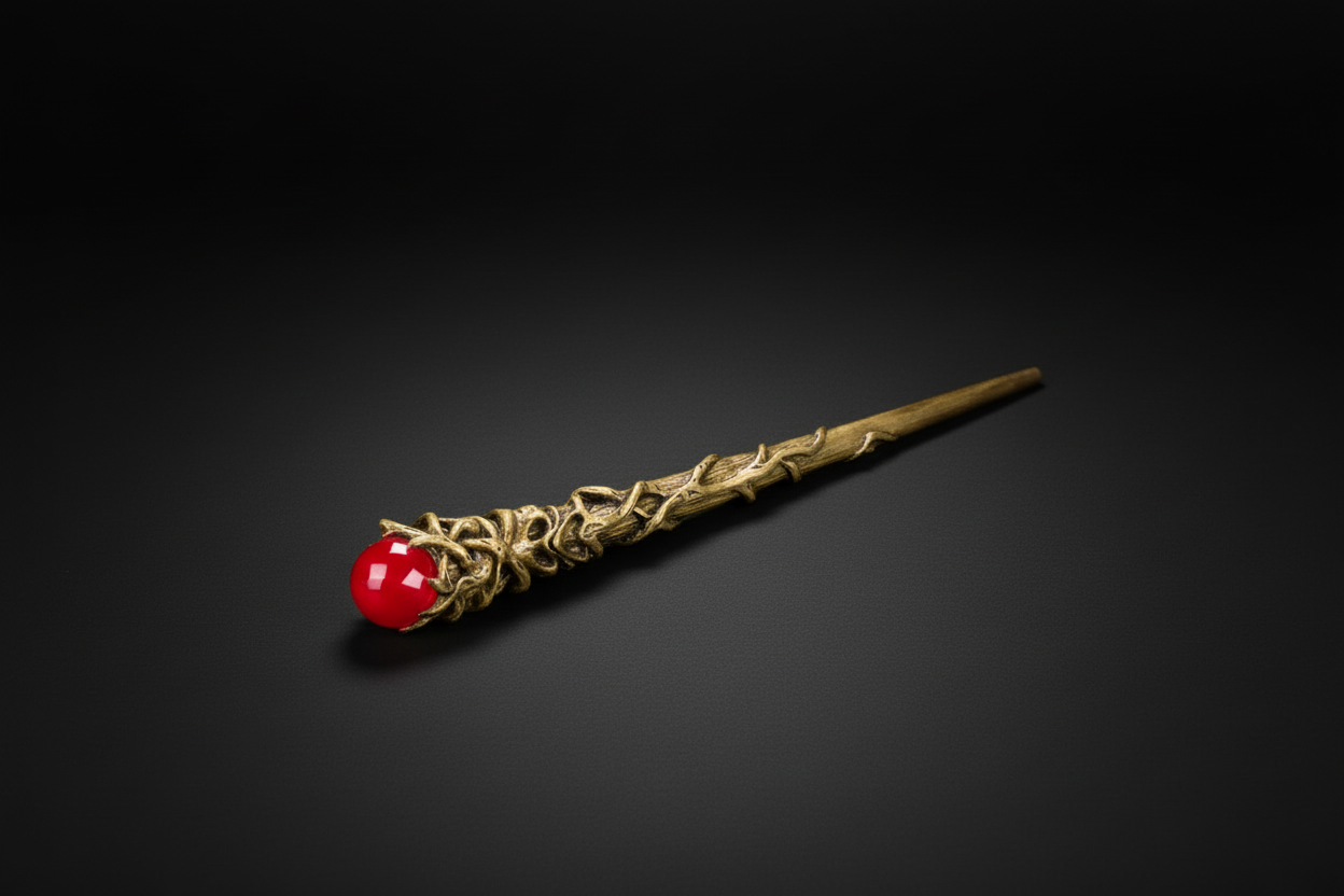 wand with a greenmans tree face on a white background.