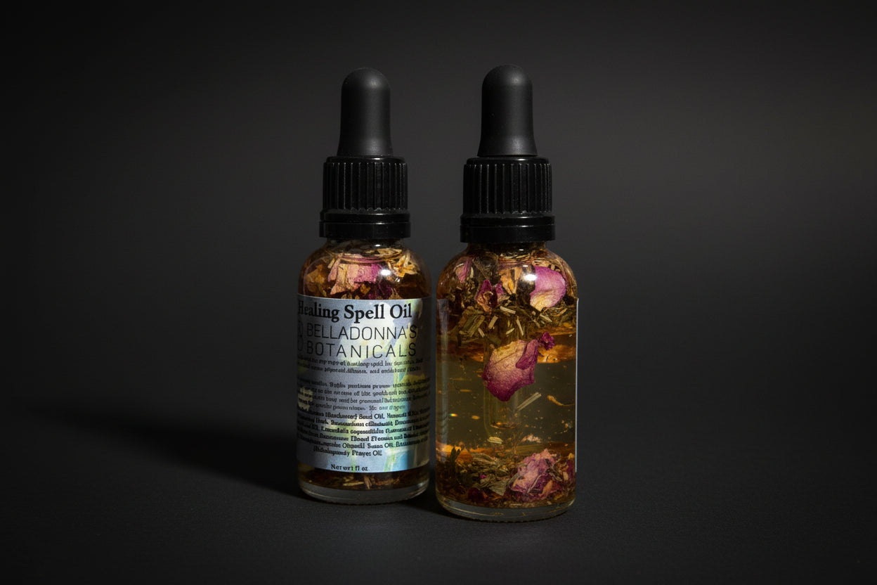 Two bottles of 'Healing Spell Oil' with botanicals on a dark surface.