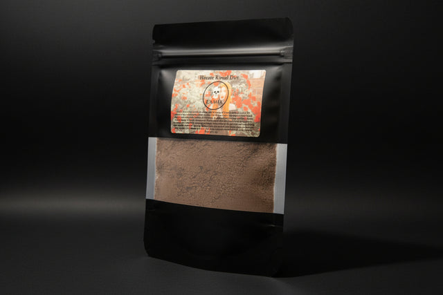 Black bag with a label featuring text and graphics on a dark background