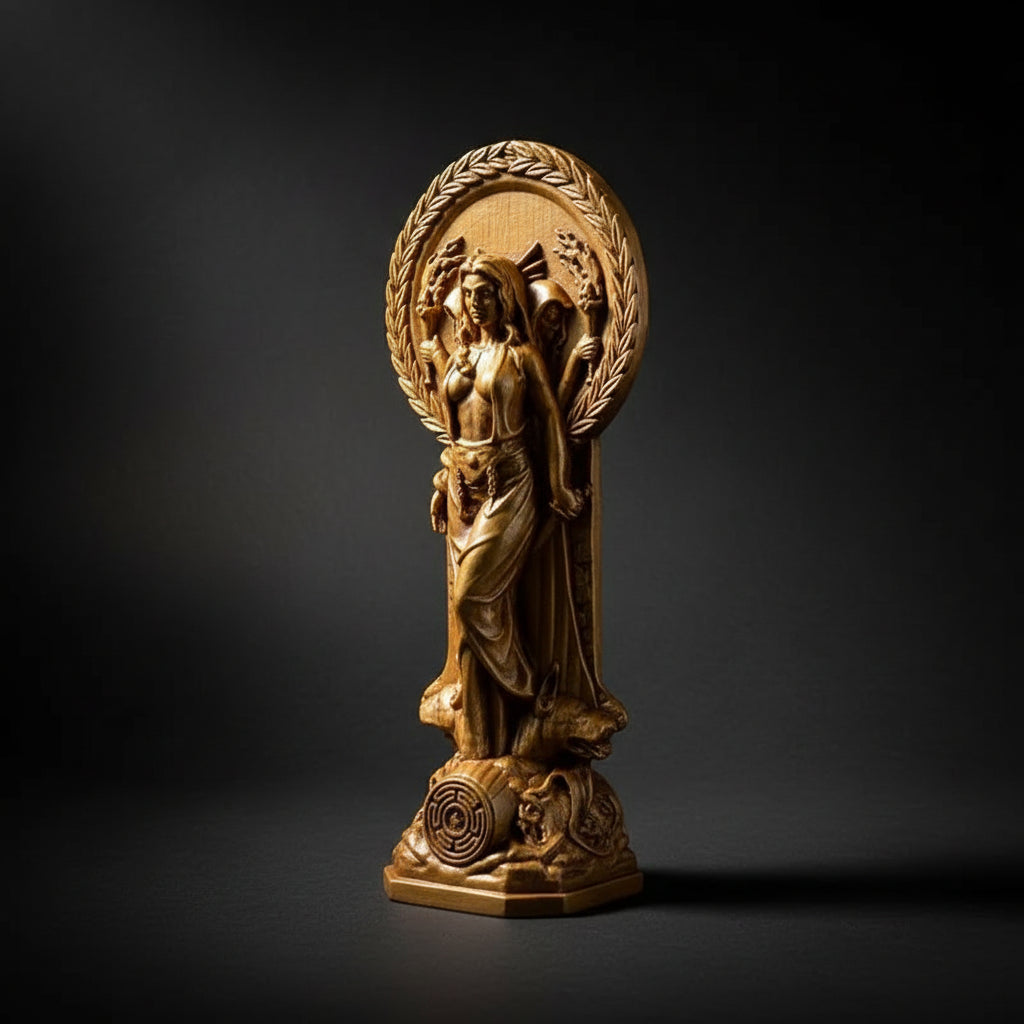 Collection of crystals and a resin Hecate statue on a textured surface