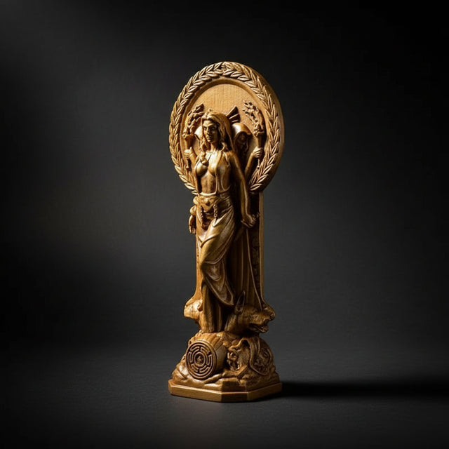 Collection of crystals and a resin Hecate statue on a textured surface