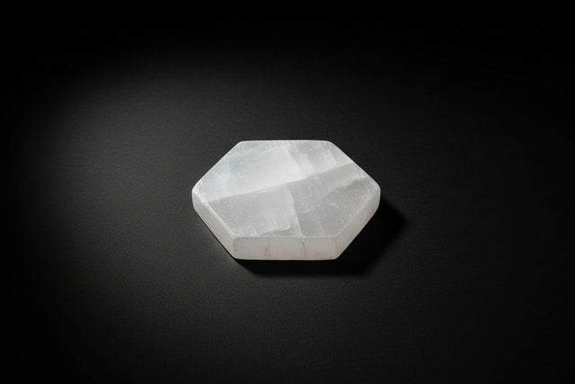 Hexagonal crystal held in a hand on a wooden surface
