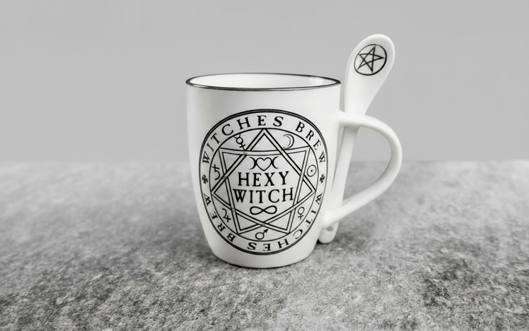 Hexy Witch Mug Set – White Ceramic with Occult Symbols