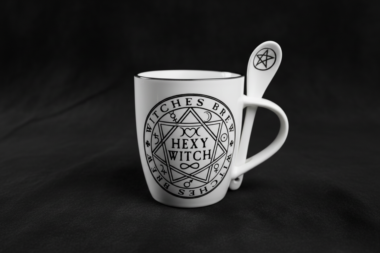 Hexy Witch Mug Set – White Ceramic with Occult Symbols