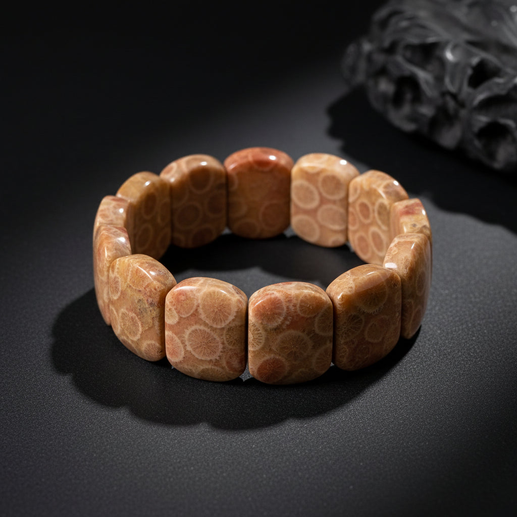 Representative stretch bracelet sold as Coral Jade with polished ornamental-material beads; material, color, pattern, bead size, treatment, cord tension, and fit vary