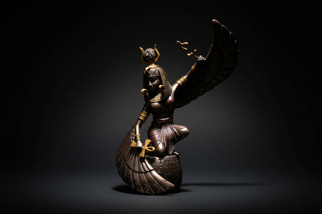 Statue of a winged Egyptian goddess on a white background