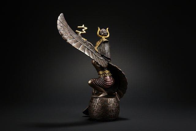 Decorative figurine of a winged creature with hieroglyphics on a white background