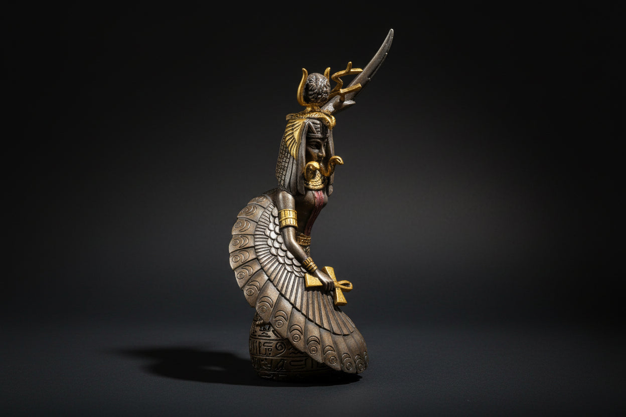 Decorative figurine of a winged creature with gold accents on a white background