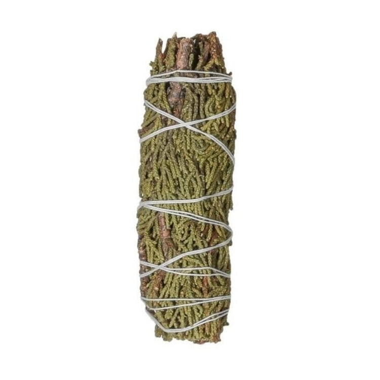 Bundled sage sticks tied with twine on a white background