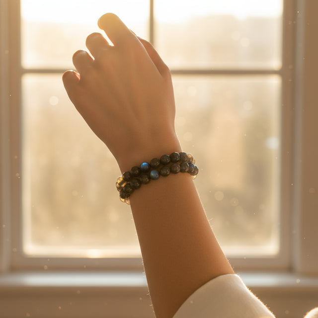 Hand wearing a stack of beaded labradorite bracelets with a sunny window in the background.