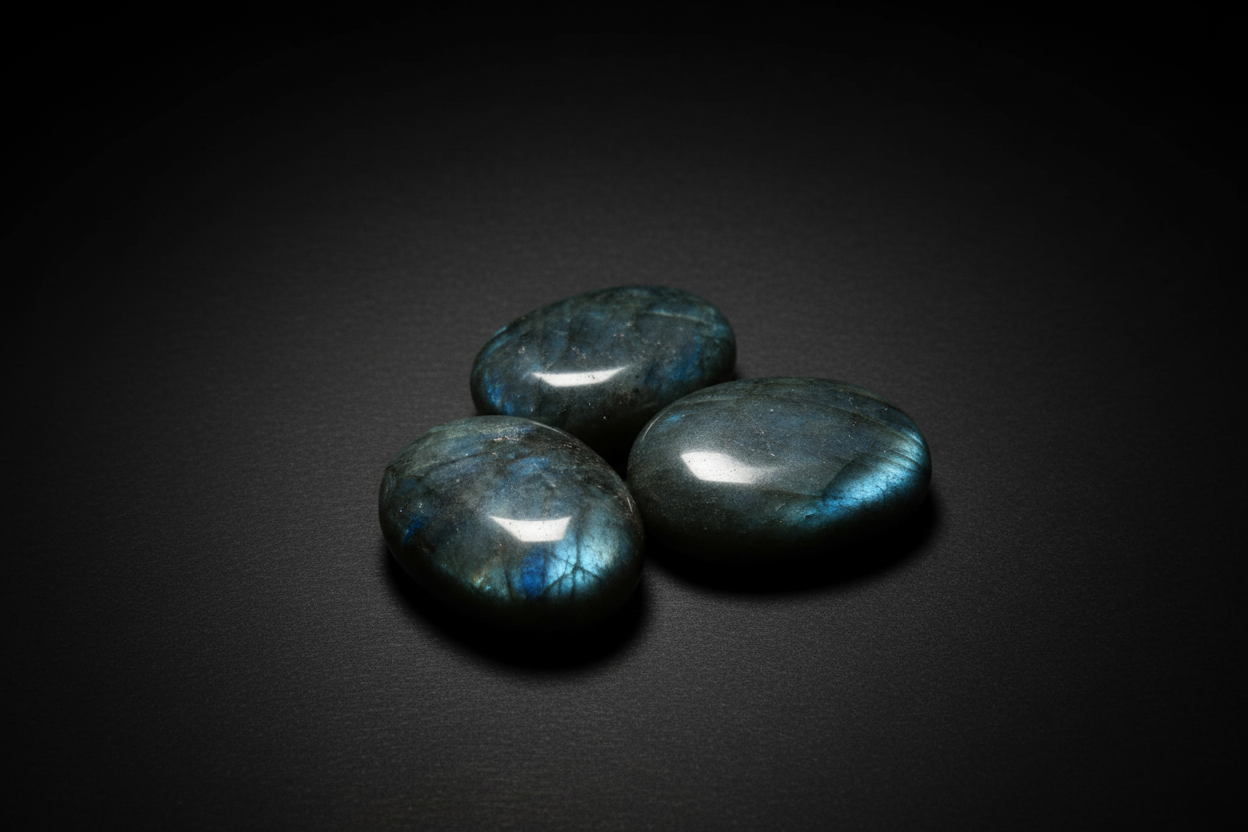 Hand holding three polished labradorite stones with a wooden background