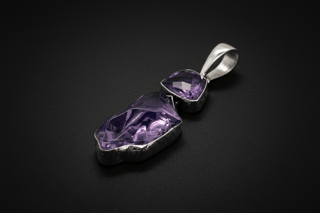 Sterling silver purple pendant used for love and protection on a black background.