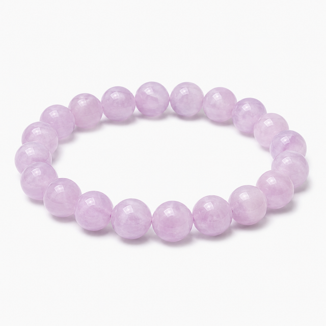 Lavender Rose Quartz beaded stretch bracelet with pale lavender gemstone beads on a white background