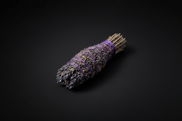 Bundles of lavender smudge sticks tied with purple ribbons.