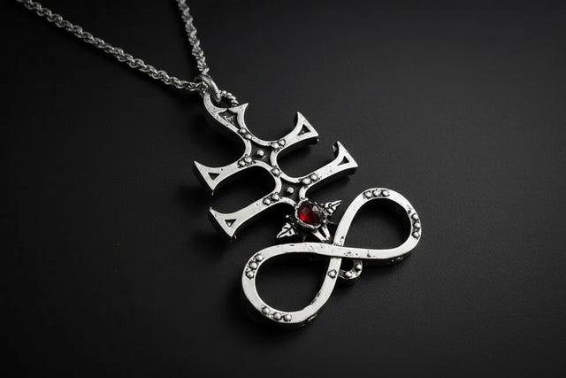 Silver pendant sulfur cross with a red gemstone on a dark background