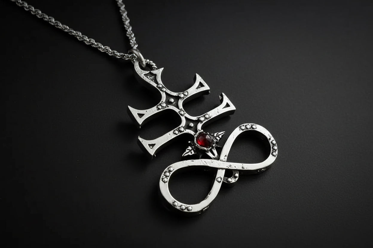 Silver pendant sulfur cross with a red gemstone on a dark background