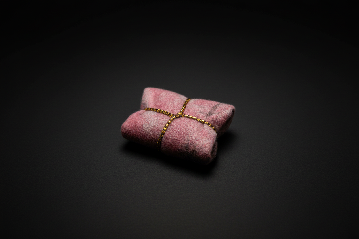 Lilith-inspired talisman wrapped in pink fabric and gold thread on a white background