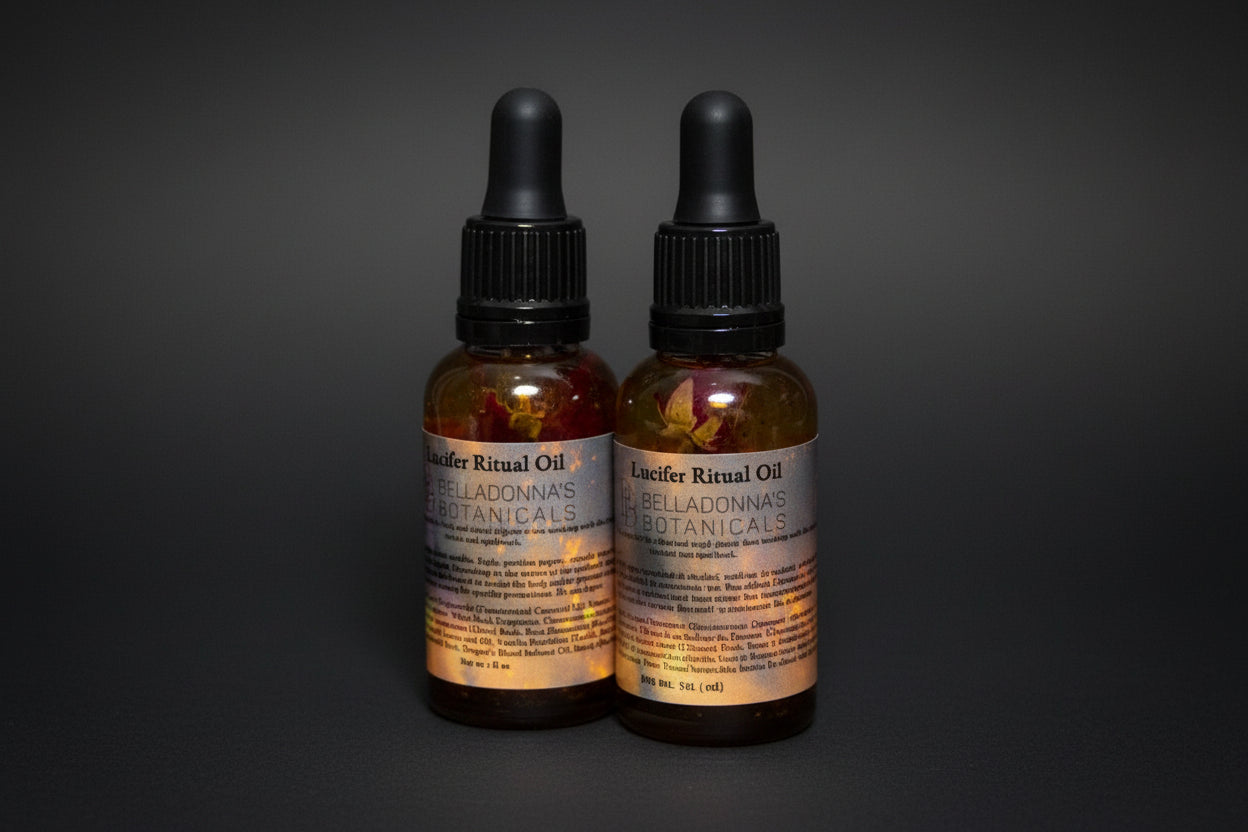 Two bottles of Locifer Ritual Oil with botanicals on a dark background