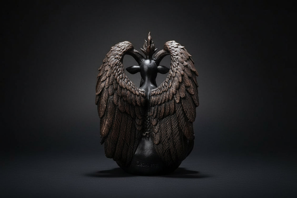 Bronze angel figurine with detailed wings on a white background