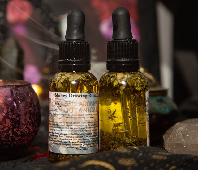 Two dropper bottles with herbal liquid  money drawing ritual oil on a mystical background