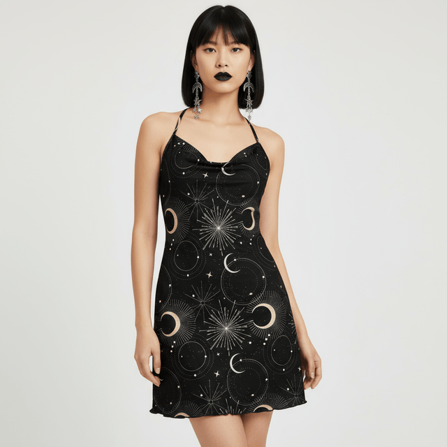woman with black hair and earrings in a black dress with moons and stars on it.