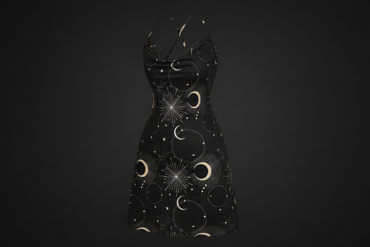Sleeveless Dress with moon and stars on a black background
