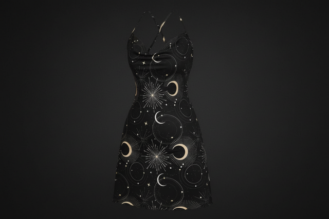 Sleeveless Dress with moon and stars on a black background