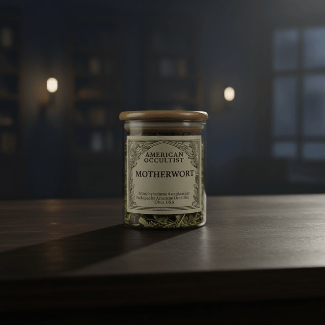 American Occultist LLC Motherwort on a dark desk in a dark room