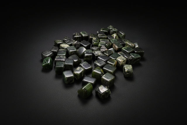 Green and black stones in a wooden box on a wooden surface